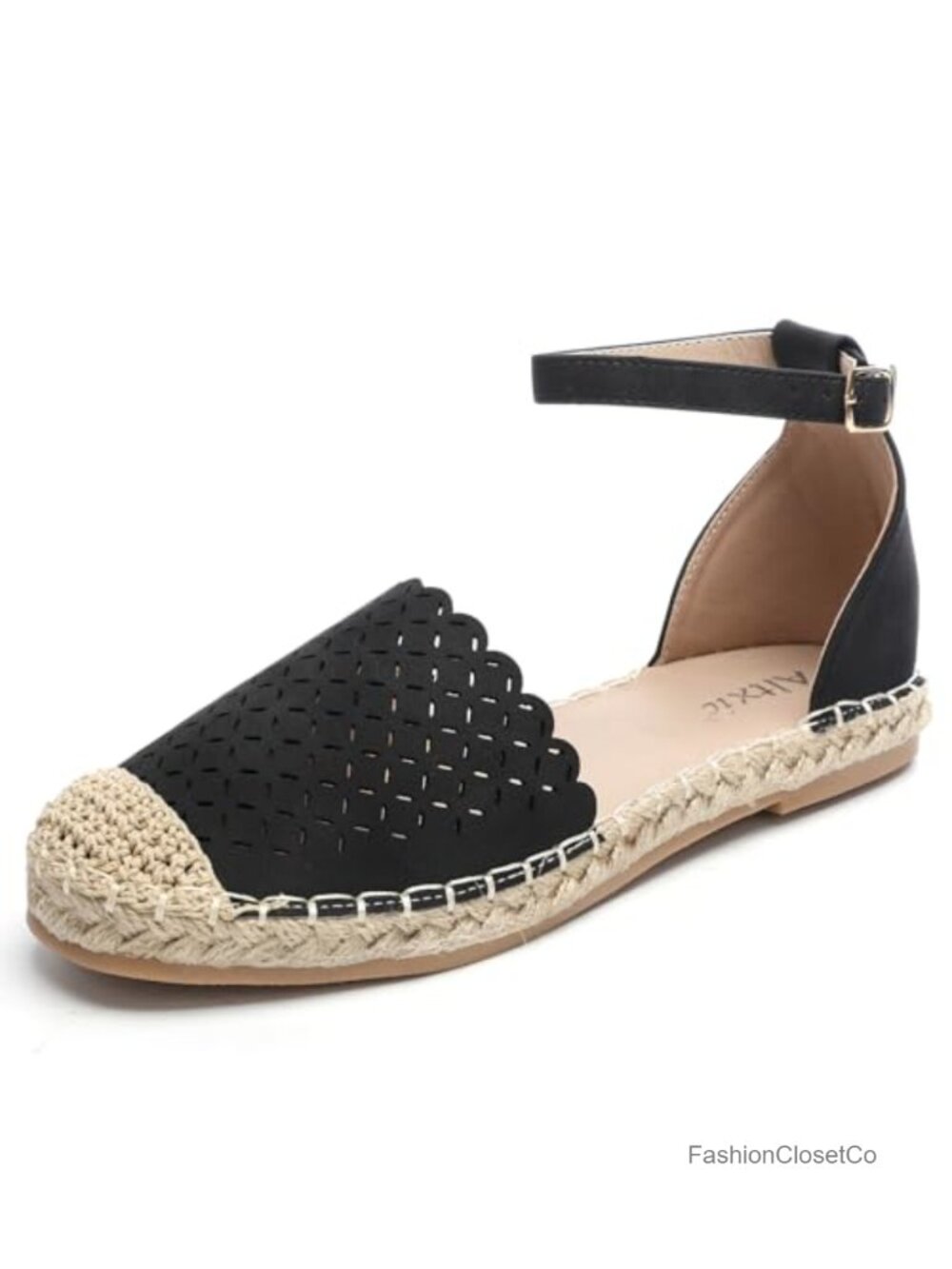 Faux Leather Cap-Toe Hollow Out Espadrille Flat Sandals with Ankle Strap